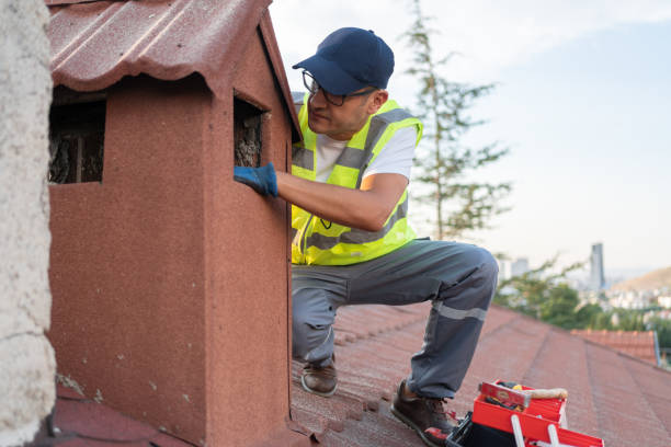 contractor worker cleaning chimney on the roof of house contractor worker cleaning chimney on the roof of house