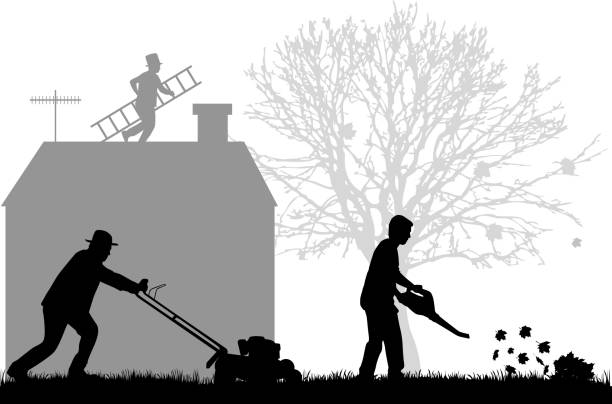 silhouettes of people cleaning the garden. silhouettes of people cleaning the garden.